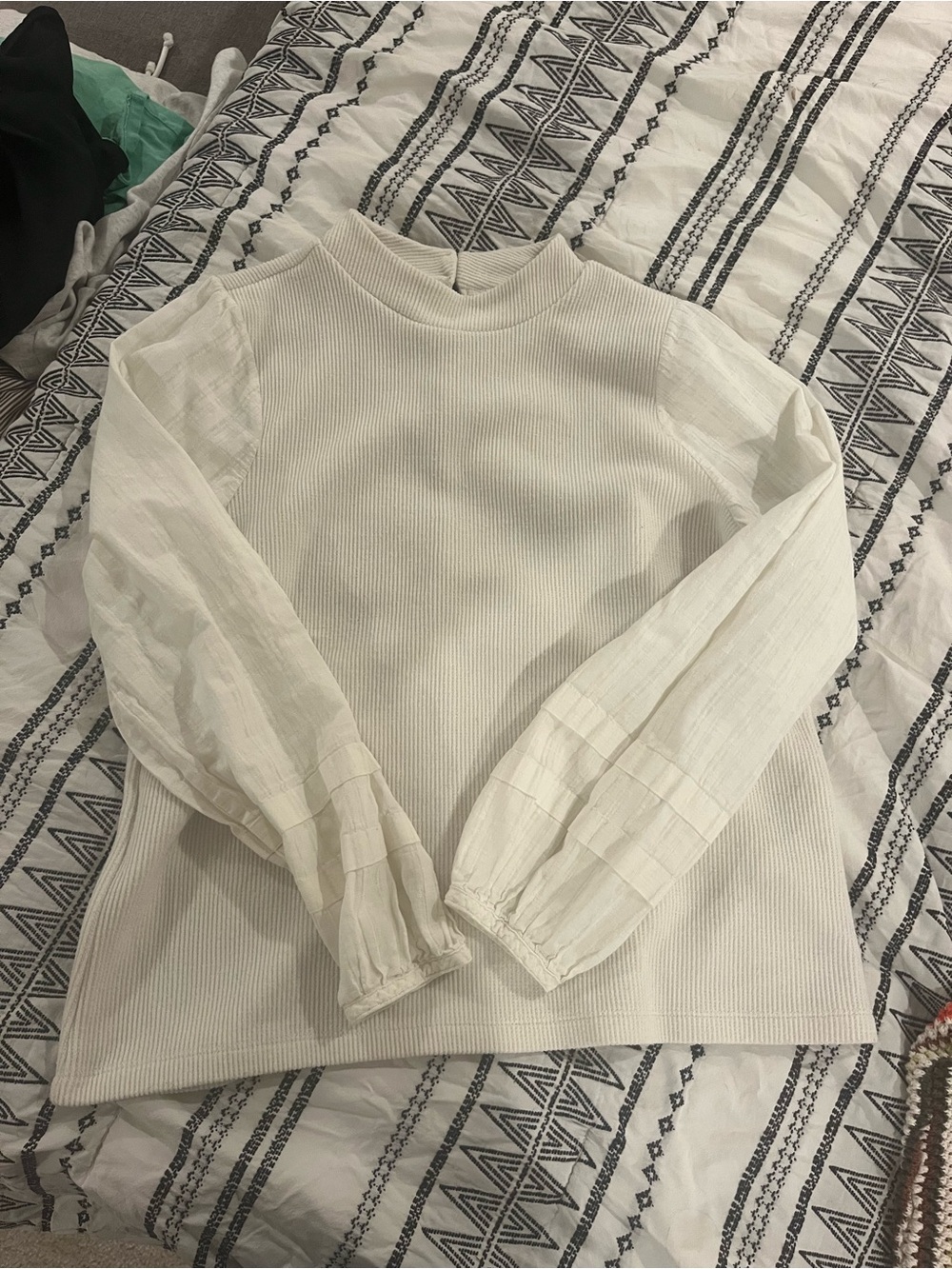 Madewell Cream Ribbed Mock-Neck Top with Sheer Balloon Sleeves